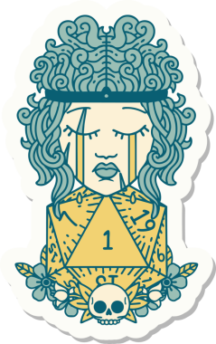 Bir insan tarafından çizilmiş doğal bir d20 rulo ile ağlayan bir insan barbarının çıkartması.