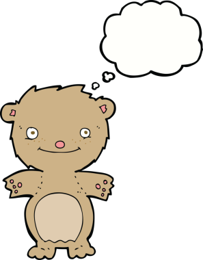 Bir insan tarafından çizilmiş düşünce baloncuğu olan mutlu küçük oyuncak ayı.