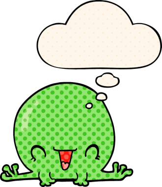 Çizgi roman tarzında düşünce baloncuğu olan çizgi film kurbağası.