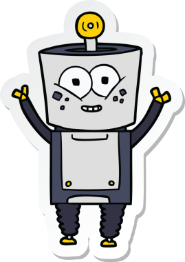 Bir insan tarafından çizilmiş mutlu bir robot robot el sallıyor.