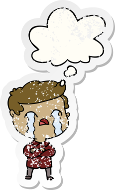 Düşünce baloncuğuyla ağlayan karikatürist insan tarafından çizilmiş yıpranmış bir çıkartma gibi.