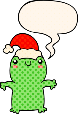 Bir insan tarafından çizilmiş çizgi roman tarzında konuşma balonu olan Noel şapkası takan sevimli bir kurbağa.