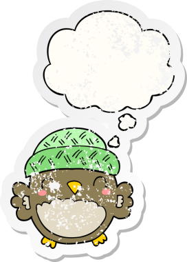 Düşünce baloncuklu şapkalı sevimli baykuş, bir insan tarafından çizilmiş yıpranmış bir çıkartma.