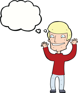 Bir insan tarafından çizilmiş düşünce baloncuğu ile heyecanlı bir adam.