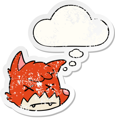 Düşünce baloncuklu ölü tilki suratı bir insan tarafından çizilmiş yıpranmış bir çıkartma gibi.