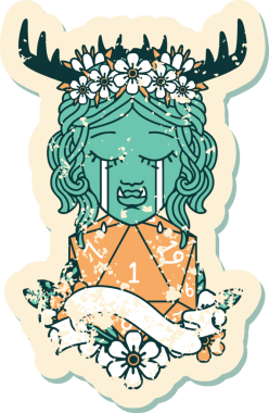 Retro Dövme Tarzı Ağlayan Ork barbar karakter yüzü ve bir insan tarafından çizilmiş doğal bir D20 rulo