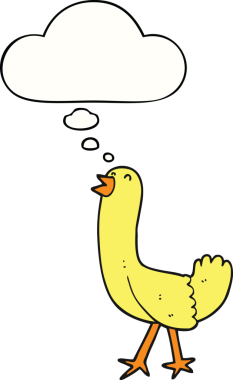 Bir insan tarafından çizilmiş düşünce baloncuklu çizgi film kuşu.