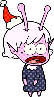 Bir insan tarafından çizilmiş Noel Baba şapkası giyen şok olmuş bir uzaylı kızın el çizimi çizgi roman çizimi.