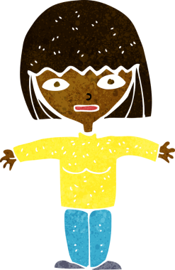 Bir insan tarafından çizilmiş açık kollu çizgi film kadını.