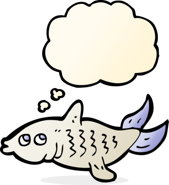 Bir insan tarafından çizilmiş düşünce baloncuklu çizgi film balığı.