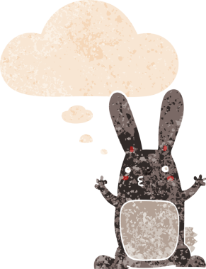 Düşünce baloncuklu çizgi film tavşanı grunge dertli eski moda bir insan tarafından çizilmiş.