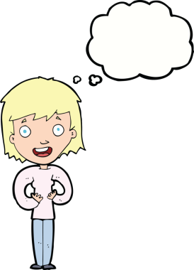 Bir insan tarafından çizilmiş düşünce balonlu mutlu kadın çizgi filmi.