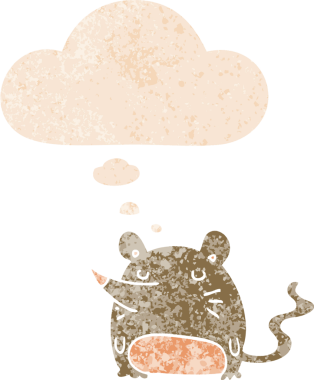 grunge 'da düşünce baloncuğu olan çizgi film faresi bir insan tarafından çizilmiş gerilimli retro desen tarzı