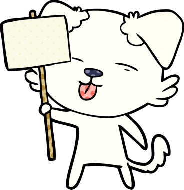 Bir insan tarafından çizilmiş tabela tutan çizgi köpek.