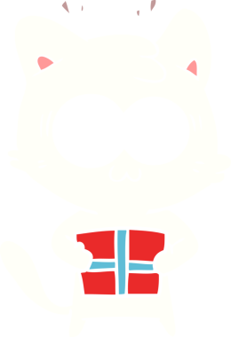 Düz renkli çizgi film. Şaşırmış kedi. Bir insan tarafından çizilmiş Noel hediyesi.