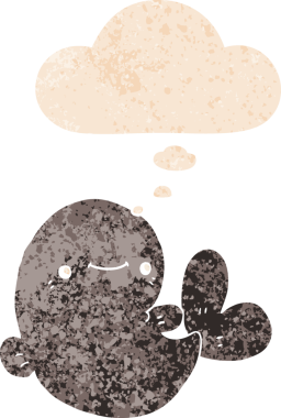 Düşünce baloncuklu çizgi film balinası grunge sıkıntılı retro dokulu bir insan tarafından çizilmiş