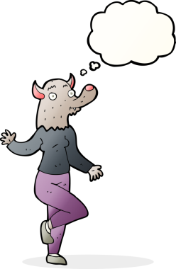 Bir insan tarafından çizilmiş düşünce balonlu kurtadam kadın.