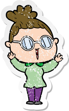 Bir insan tarafından çizilmiş gözlük takan karikatürlü bir kadının sıkıntılı çıkartması.