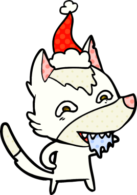 Bir insan tarafından çizilmiş Noel Baba şapkası giymiş aç bir kurdun el çizimi çizgi roman çizimi.