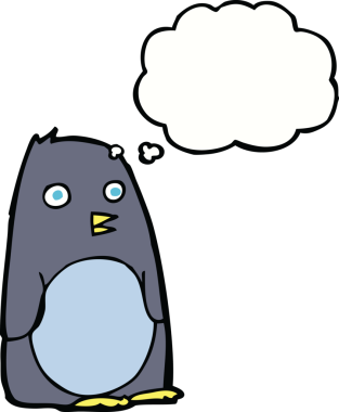Bir insan tarafından çizilmiş düşünce baloncuklu penguen.