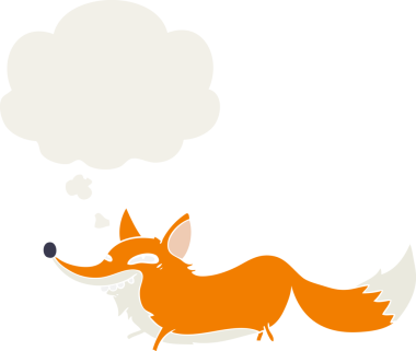 Düşünce baloncuğu insan tarafından çizilmiş sinsi tilki çizgi filmi.