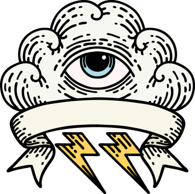 Geleneksel dövme. Her şeyi gören bir göz bulutu şeklinde. Bir insan tarafından çizilmiş.