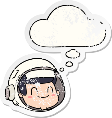 Düşünce baloncuklu karikatür astronot yüzü bir insan tarafından çizilmiş yıpranmış bir çıkartma gibi.