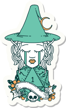 Ağlayan Elf Büyücüsü karakterinin çıkartması. İnsan tarafından çizilmiş doğal bir D20 ruloyla.