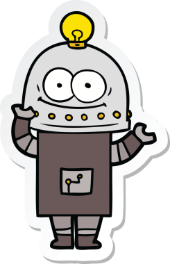 Bir insan tarafından çizilmiş mutlu bir karton robotun çıkartması.