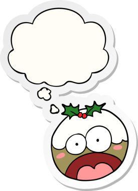 Karikatür, düşünce baloncuğu ile noel pudingini insan tarafından çizilmiş bir çıkartma gibi şok etti.