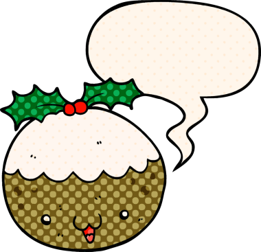 Bir insan tarafından çizilmiş çizgi roman tarzında konuşma baloncuklu tatlı çizgi film pudingi.