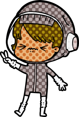 Kızgın çizgi filmdeki uzay kızı bir insan tarafından çizilmiş iki parmağını kaldırıyor.