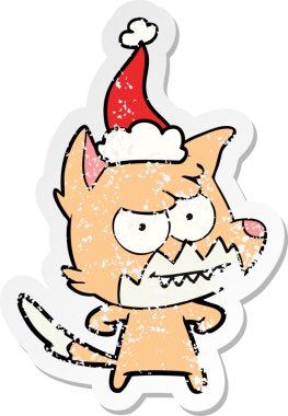 Bir insan tarafından çizilmiş sırıtan Noel Baba şapkası giymiş bir tilkinin el çizimi.