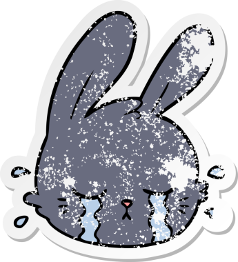 Bir insan tarafından çizilmiş ağlayan tavşan suratlı karikatür çıkartması.