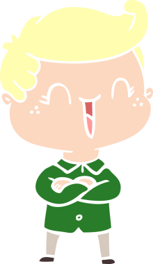 Düz renkli çizgi film karakteri gülen çocuk bir insan tarafından çizilmiş.