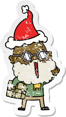 Kol altında sakallı, kolunda Noel Baba şapkası olan neşeli bir adamın çizilmiş el yazısı.