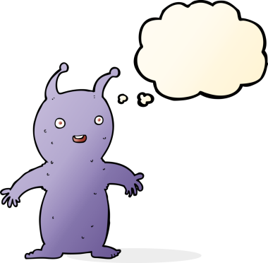 Bir insan tarafından çizilmiş düşünce baloncuğu olan mutlu küçük uzaylı çizgi filmi.