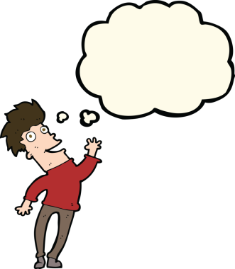 Bir insan tarafından çizilmiş düşünce balonlu mutlu adam çizgi filmi.