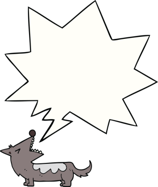 Bir insan tarafından çizilmiş konuşma balonu olan çizgi film köpeği.