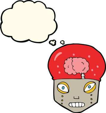 Bir insan tarafından çizilmiş düşünce baloncuğu olan ürkütücü robot kafası.