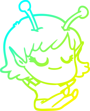 Bir insan tarafından çizilmiş gülümseyen uzaylı kız çizgi filminin soğuk gradyanı.