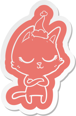 Bir insan tarafından çizilmiş Noel Baba şapkası takan bir kedinin garip çizgi film çıkartması.