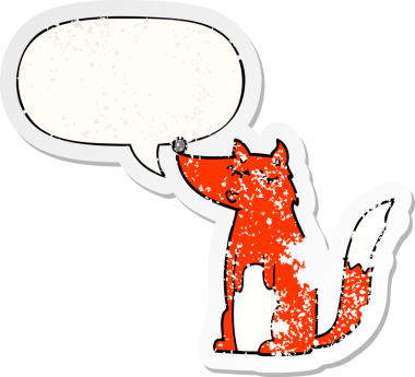 Konuşma baloncuğu olan karikatür kurdu, bir insan tarafından çizilmiş, kederli, eski bir çıkartma.