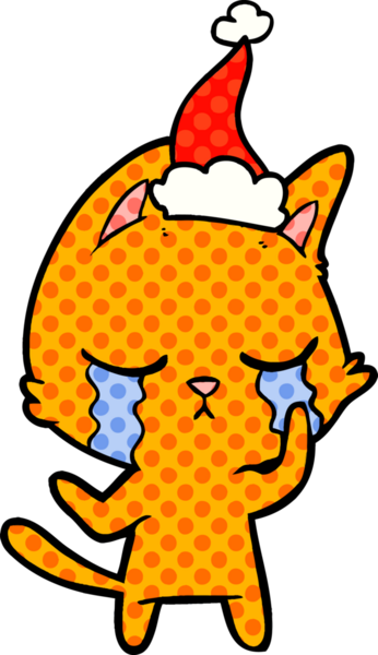 Bir insan tarafından çizilmiş Noel Baba şapkası takan bir kedinin çizgi roman çizimi.