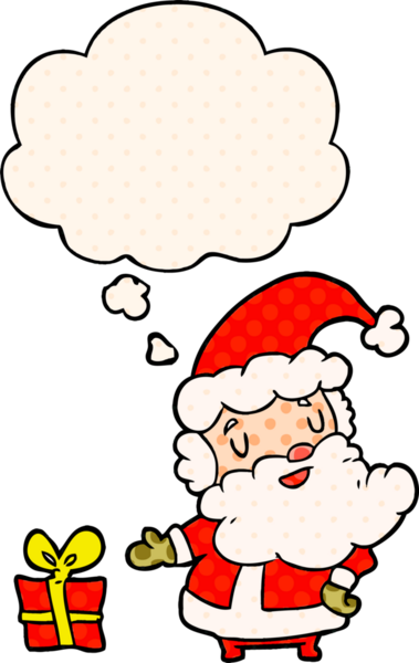 Çizgi roman tarzında bir insan tarafından çizilmiş düşünce balonlu Noel Baba çizgi filmi.