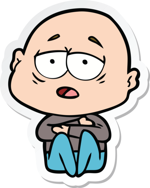 Bir insan tarafından çizilmiş, yorgun, kel bir adamın çıkartması.