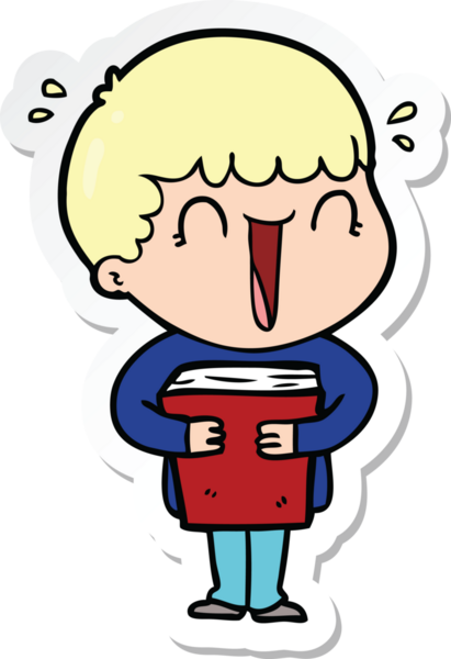 Bir insan tarafından çizilmiş kitabı tutan gülen bir karikatürcünün çıkartması.