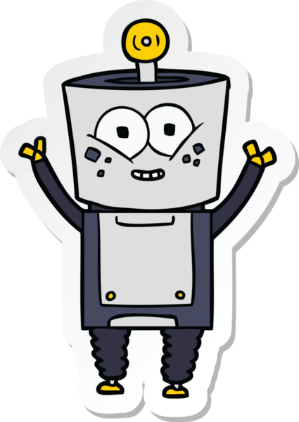 Bir insan tarafından çizilmiş mutlu bir robot robot el sallıyor.