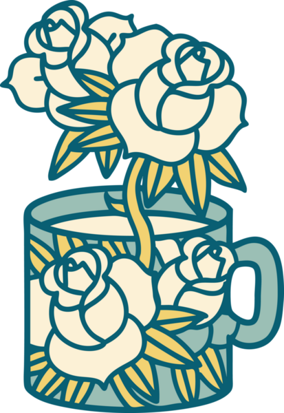 Bir fincan ve bir insan tarafından çizilmiş çiçeklerin ikonik dövme şekli