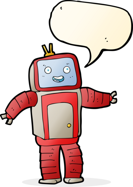 Bir insan tarafından çizilmiş konuşma balonu olan çizgi film robotu.